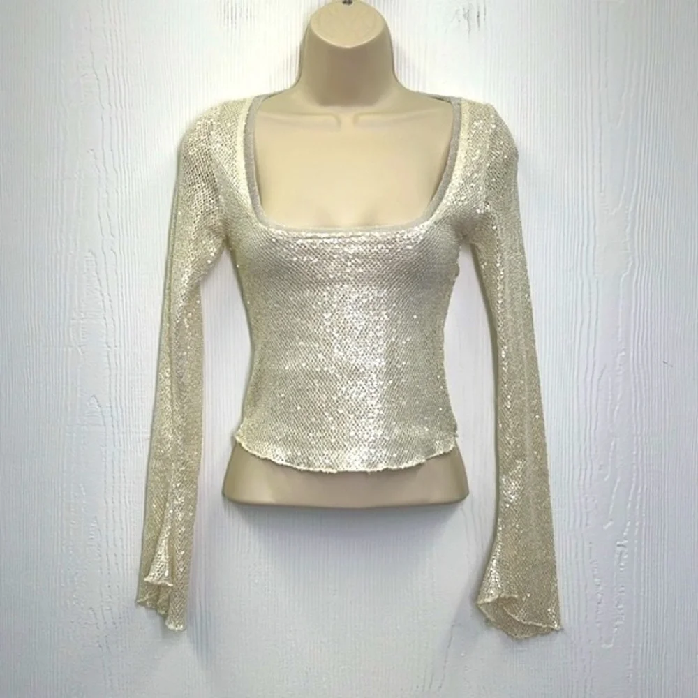 Free People - Late Night Disco Ivory Silver Sequins Embellishment Crop Blouse XS